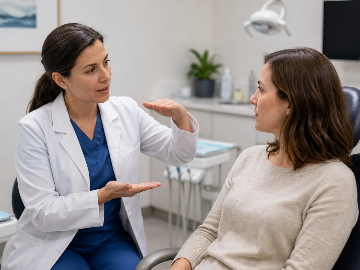Dentist measuring facial swelling symmetry at a one-week extraction check
