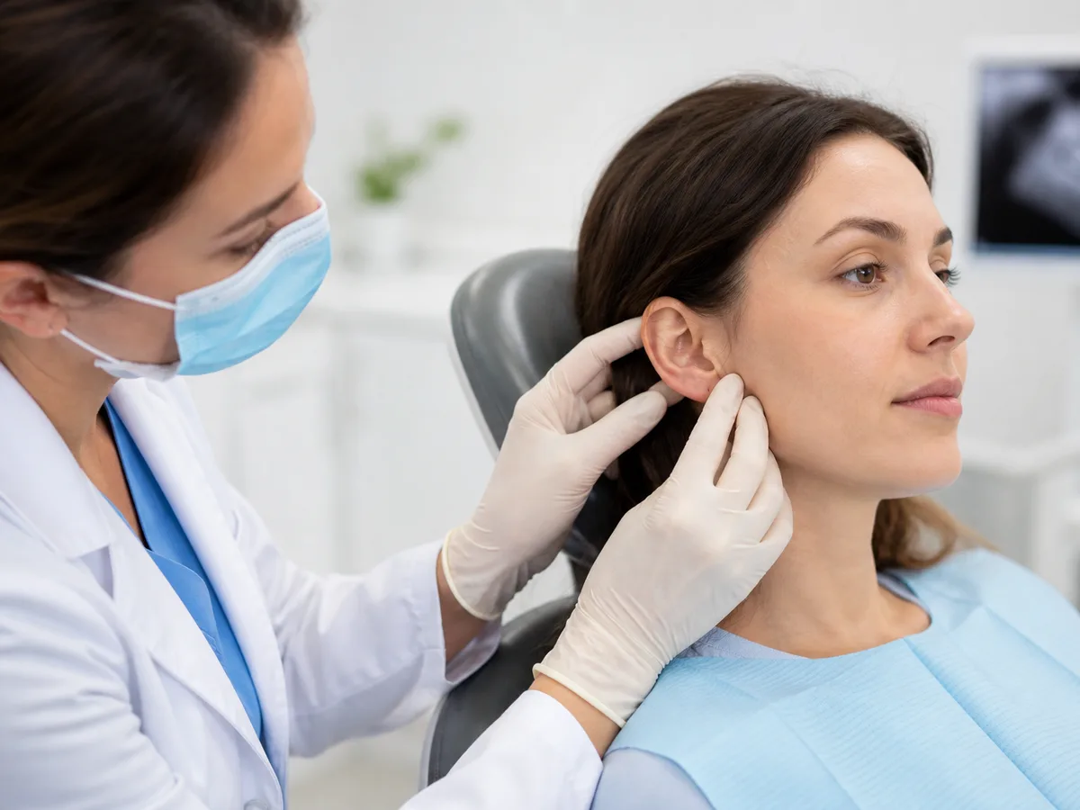 Fingers placed lightly in front of the ear to feel the jaw joint while opening