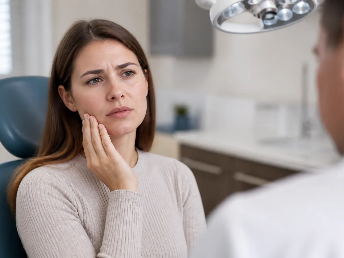 Dentist examining jaw opening and joint tenderness during a TMJ evaluation