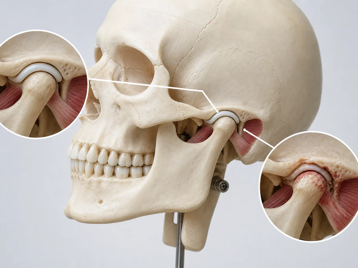 Anatomical model highlighting the temporomandibular joint in front of the ear