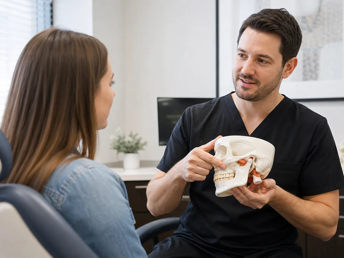 Clinician explaining TMJ versus TMD terms with a patient using a simple diagram