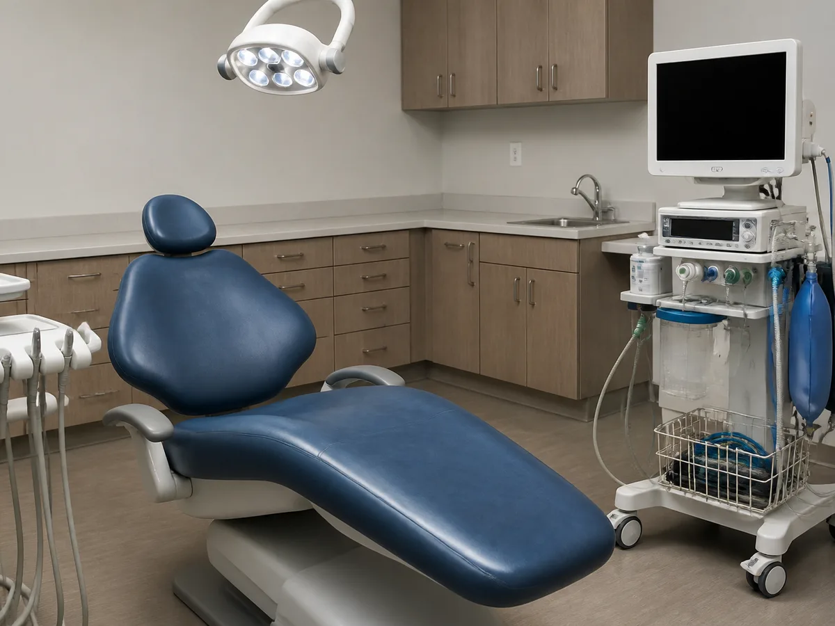 Patient and clinician reviewing a sedation consent form and monitoring plan before oral surgery