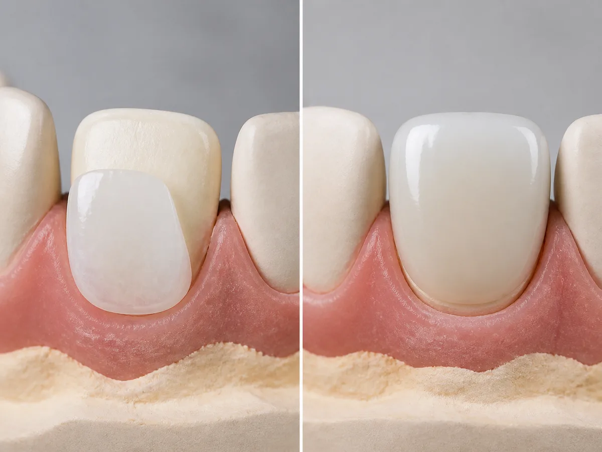 Dentist comparing a thin veneer shell with a full dental crown