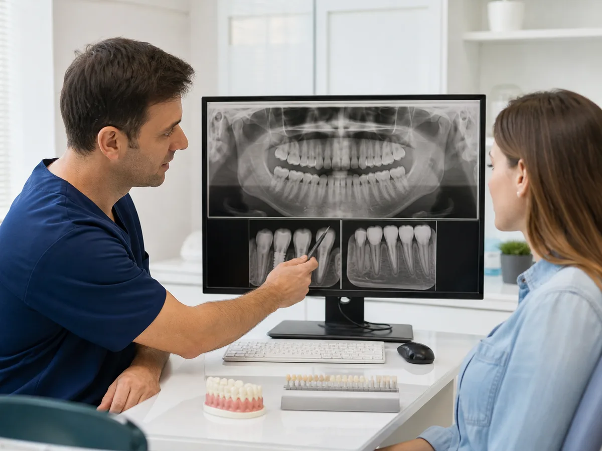 Patient reviewing X-ray and bite photos before choosing veneer or crown