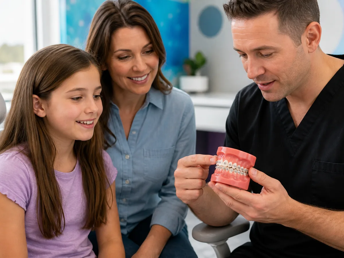 Orthodontist reviewing a child's panoramic X-ray with a parent