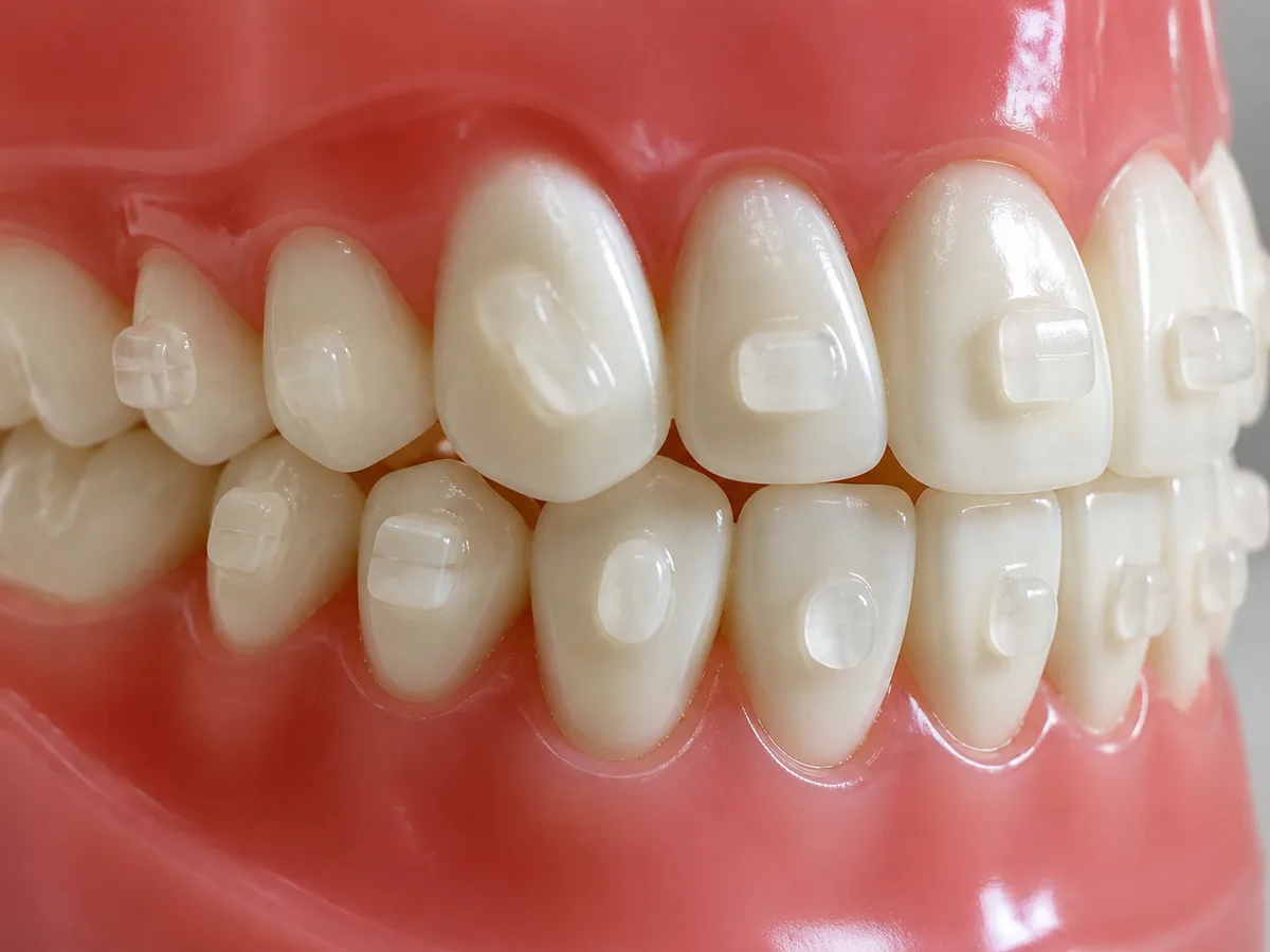 Dental model showing clear aligner attachments on canine and premolar teeth