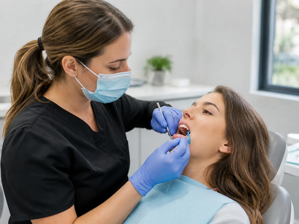 Patient examining clear aligner attachments in a mirror during a progress visit