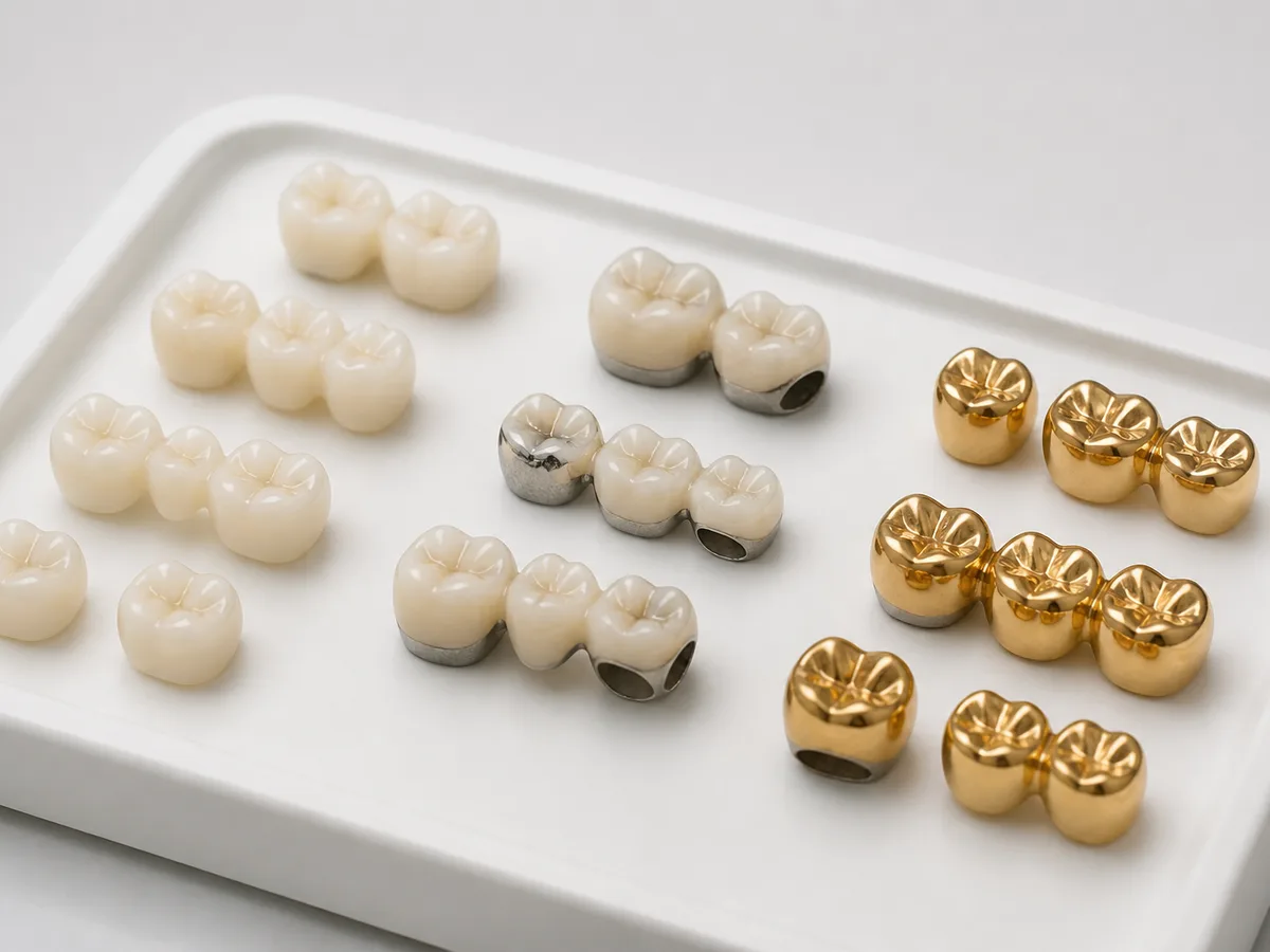 Dentist comparing zirconia, ceramic, and metal crown samples