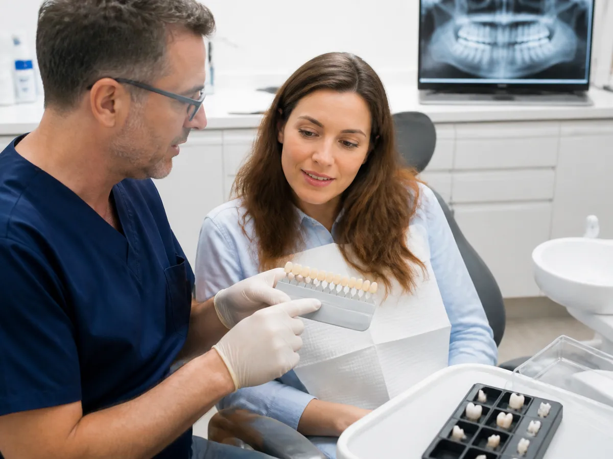Patient selecting crown shade beside a ceramic crown sample
