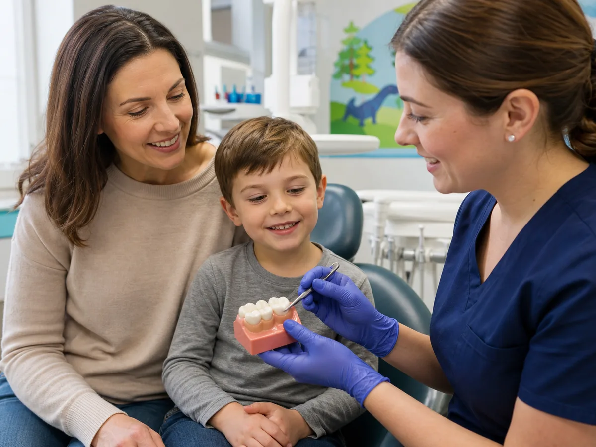 Dentist checking sealed molars with a mirror during a child's recall visit
