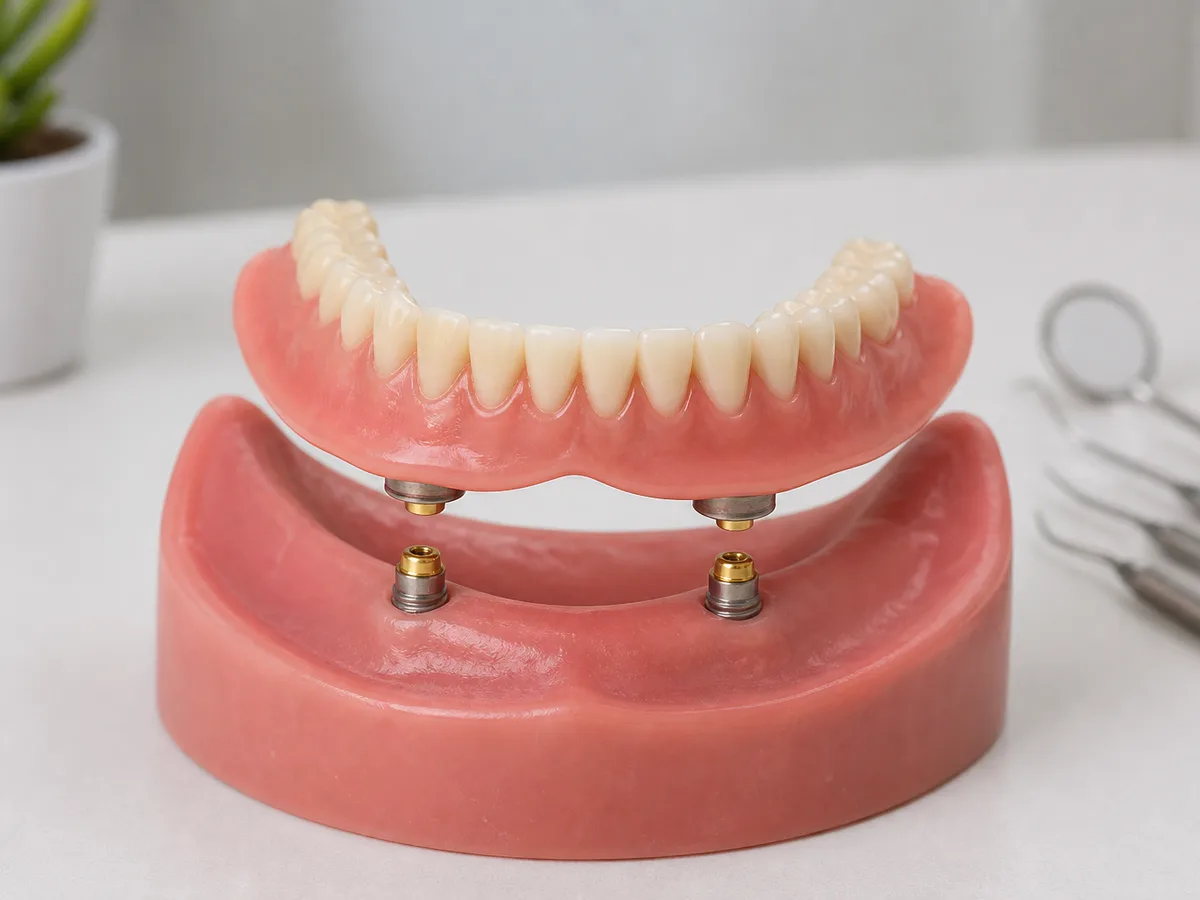 Dental model showing lower overdenture attaching to implant locators