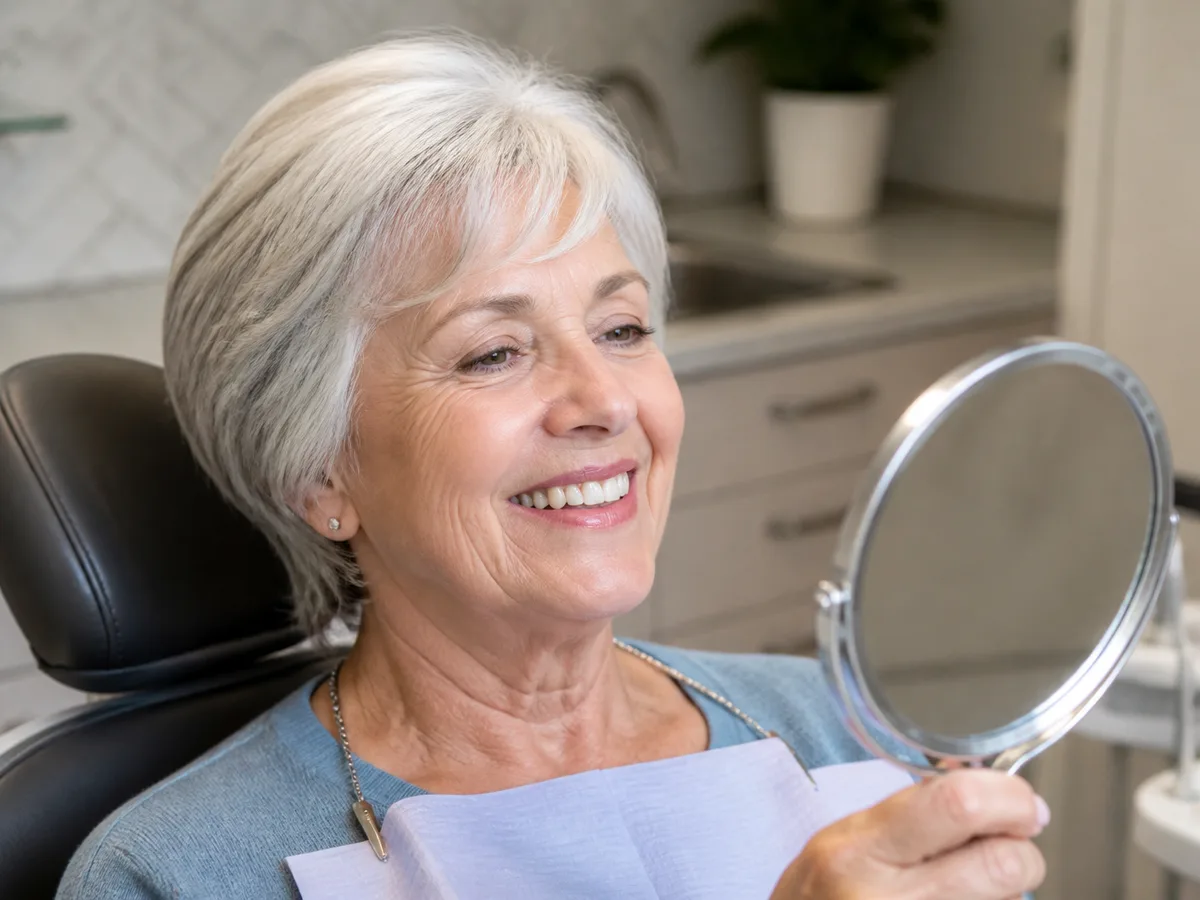 Patient smiling after trying in an implant-supported lower denture