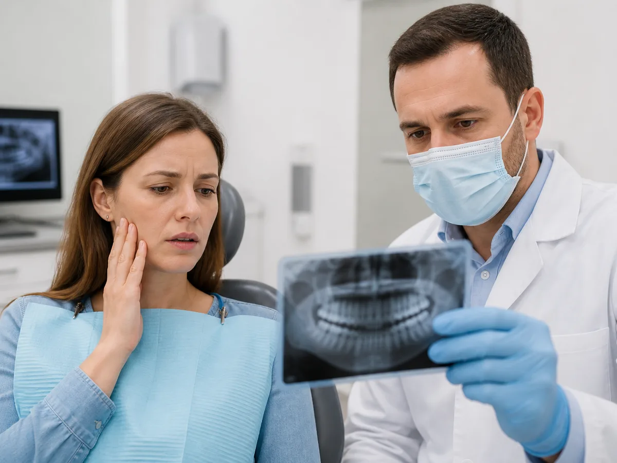 Dental X-ray and symptom notes used to plan root canal care