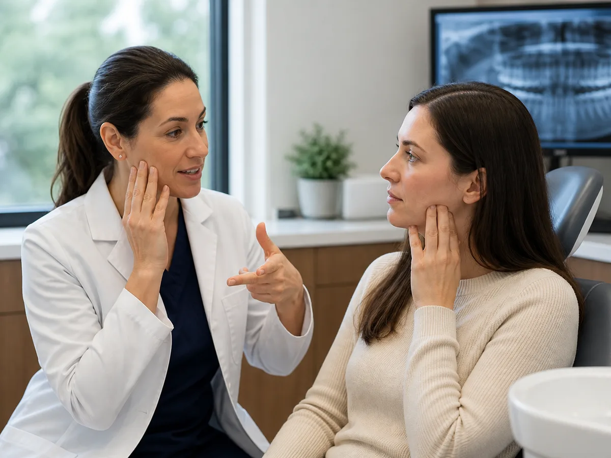Clinician reviewing jaw joint movement and bite contacts during a cause-focused exam