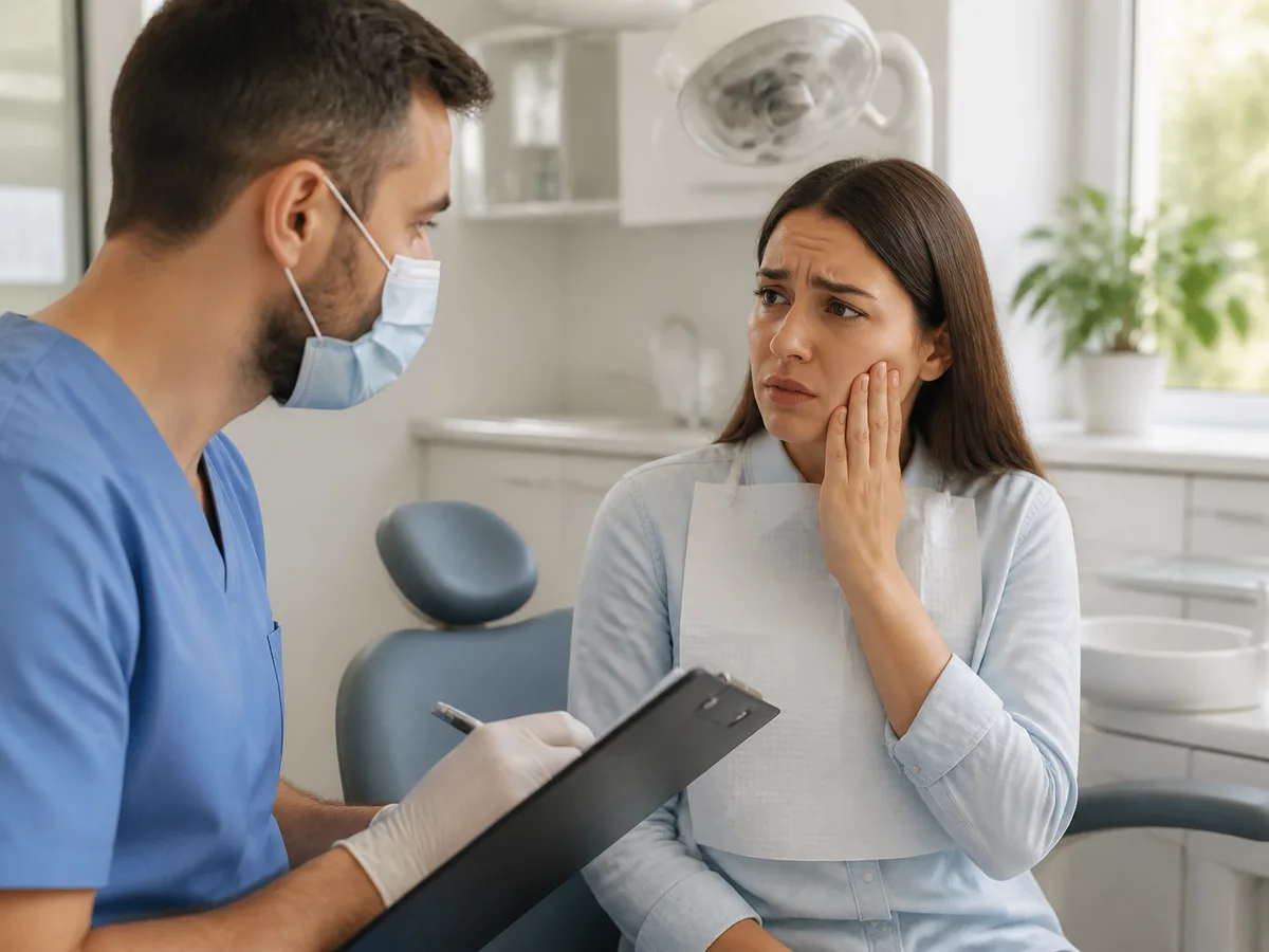 Dental team reviewing swelling and pain symptoms for urgent triage