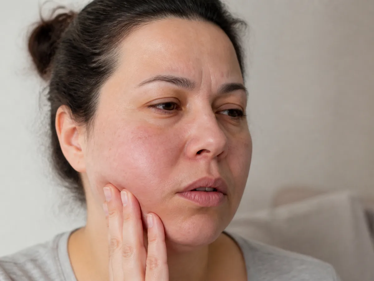 Patient photographing a swollen cheek before calling a dental office