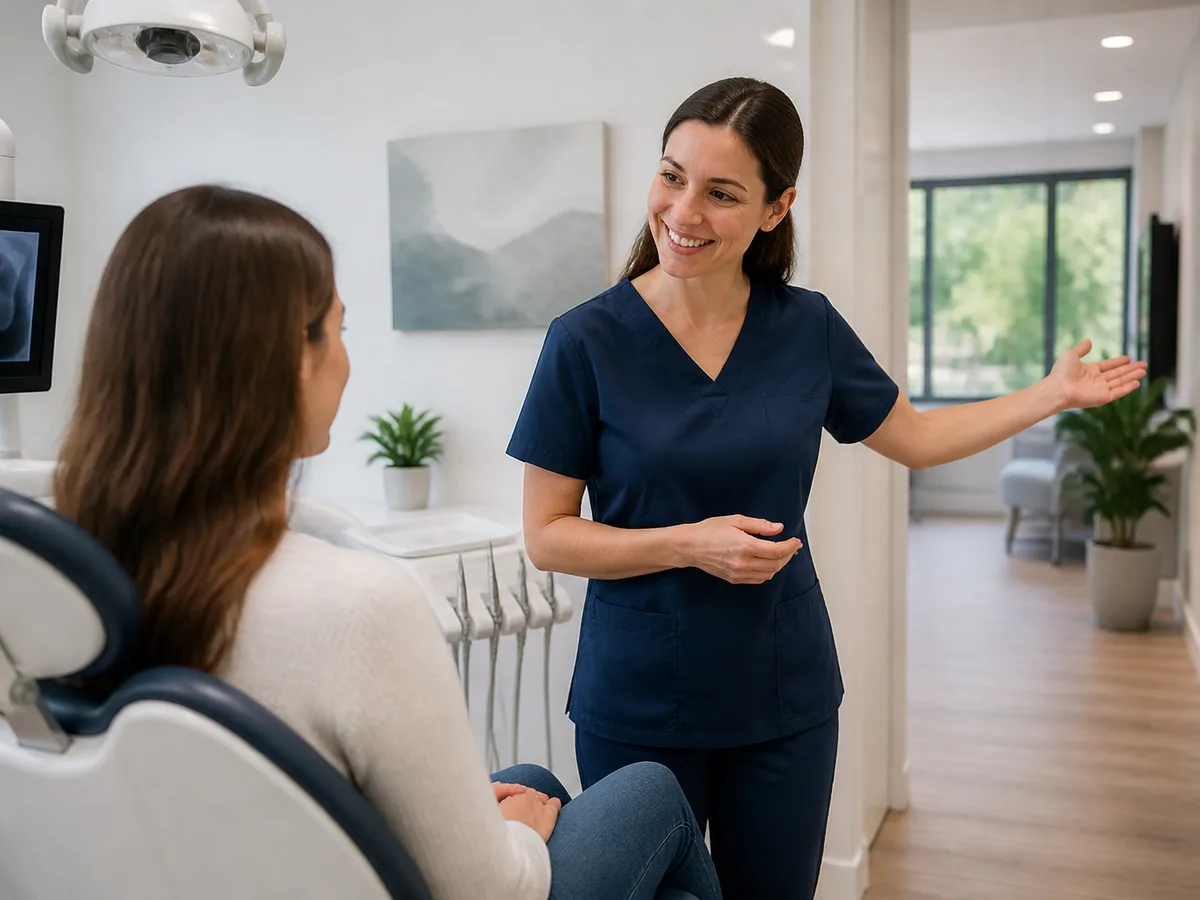 Dentist performing a gentle new-patient oral exam while explaining each step