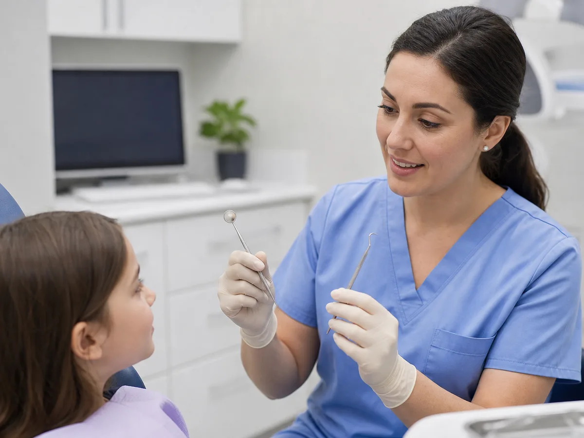 Patient and dentist reviewing a printed treatment sequence after a first exam