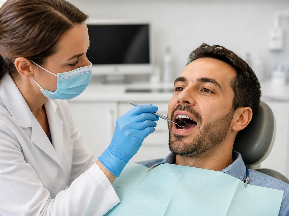 Hygienist measuring gum pocket depths during a routine dental checkup
