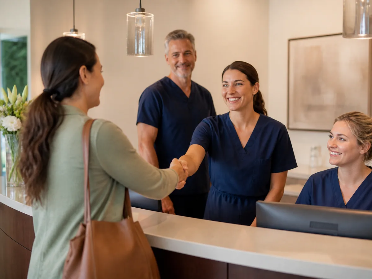 Patient and dentist reviewing checkup findings and next visit timing