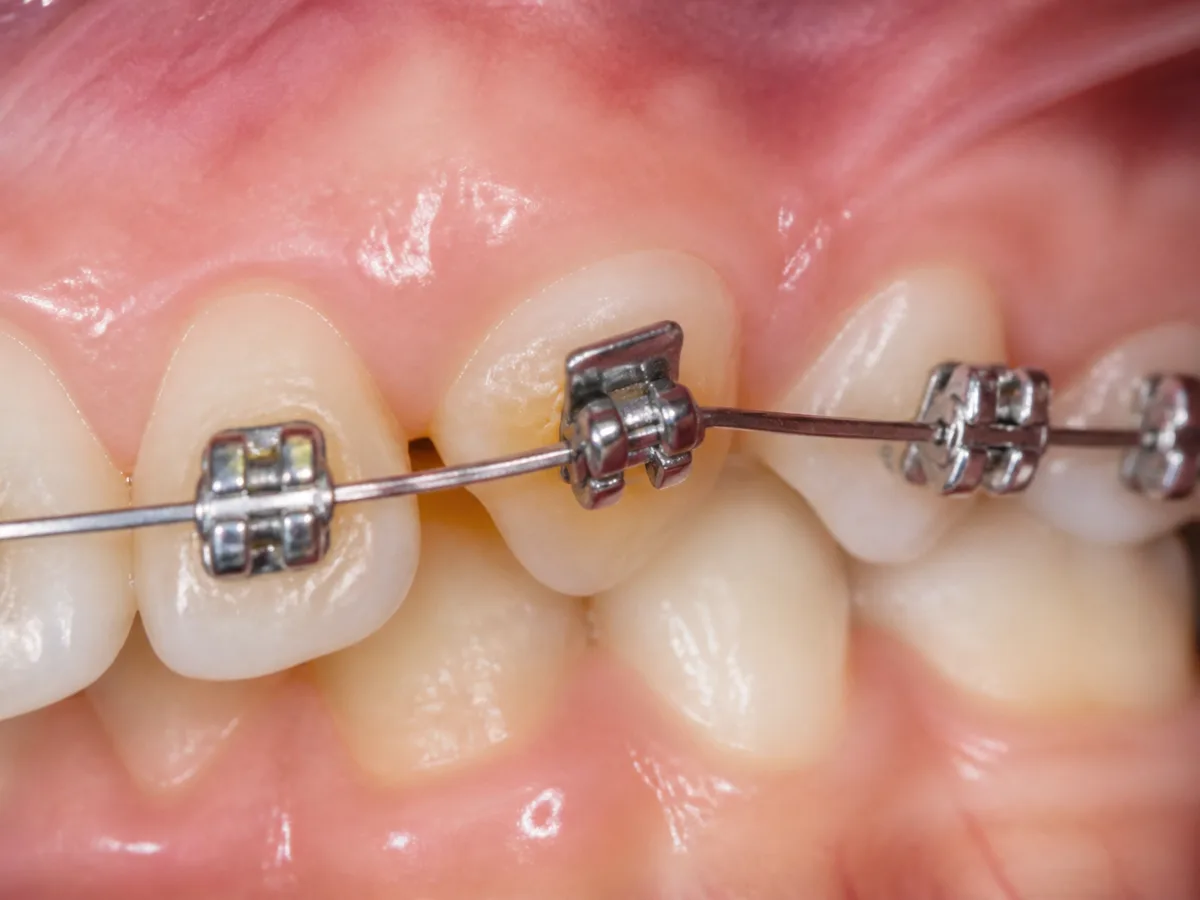 Patient placing orthodontic wax over a loose bracket that rubs the cheek