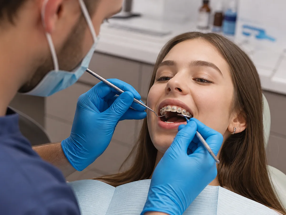 Orthodontist rebonding a bracket during a repair appointment
