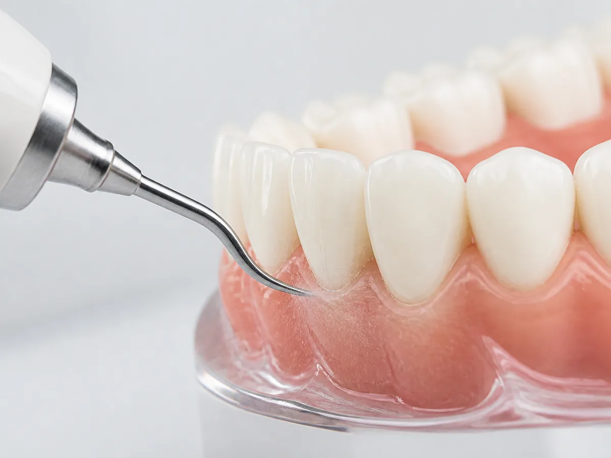 Patient receiving post-deep-cleaning home care instructions from a hygienist