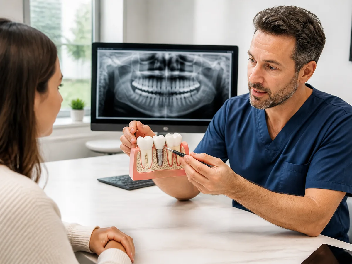Oral surgeon showing a patient where bone graft material would support a future dental implant
