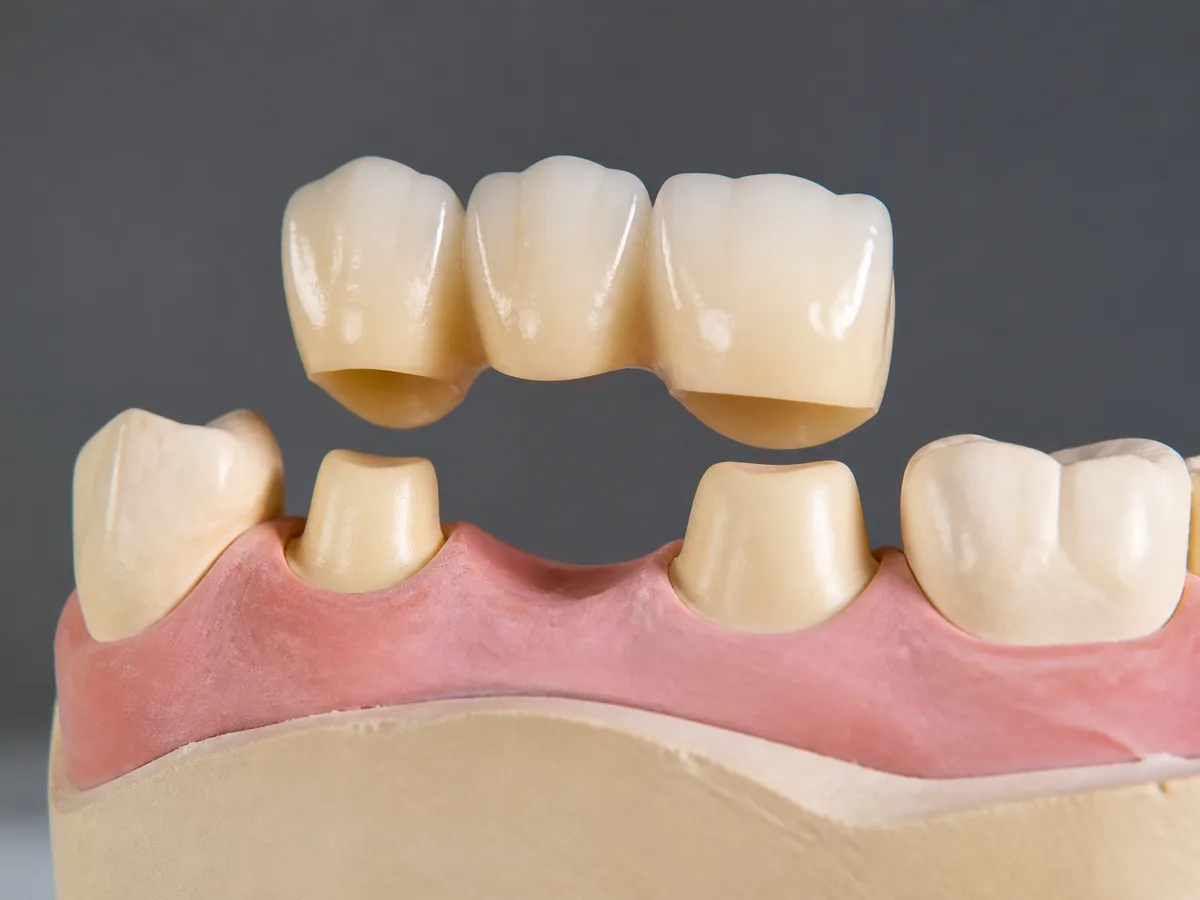 Dental bridge model with abutment crowns and pontic labeled