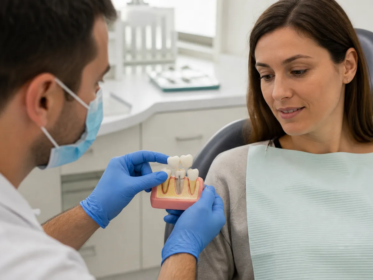 Patient practicing floss threader use under a dental bridge