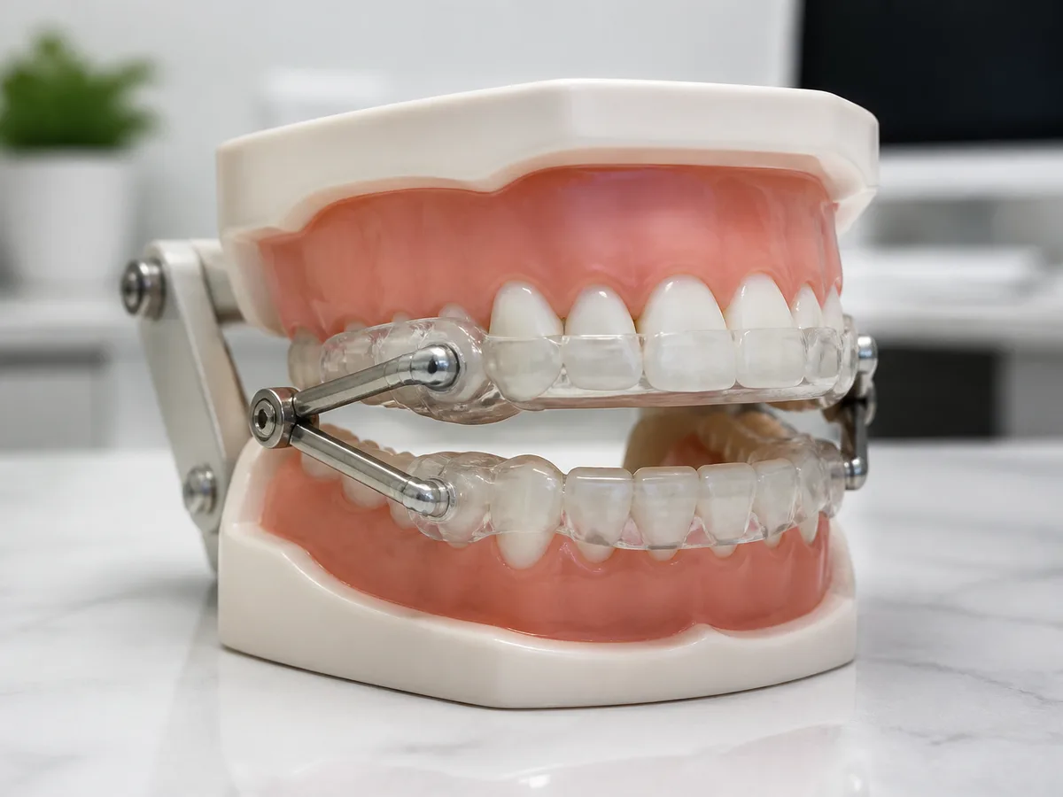 Close-up of a titratable mandibular advancement device with adjustment mechanism visible