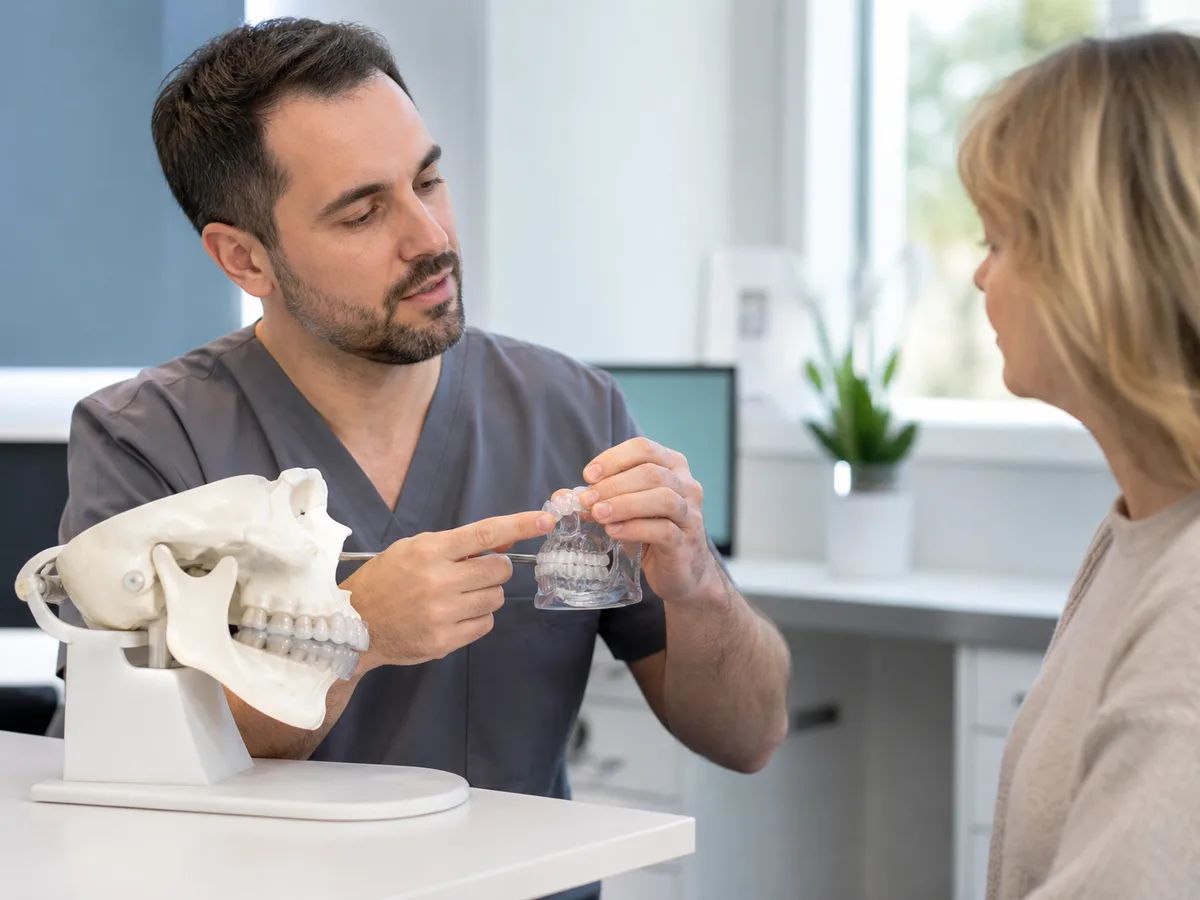 Dentist checking the fit of a mandibular advancement device on a patient’s teeth