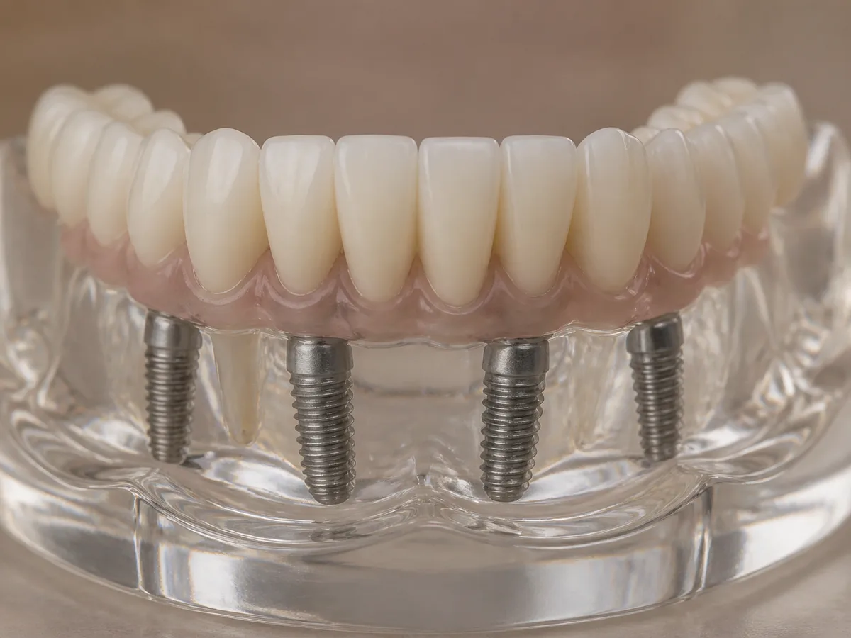 Full-arch fixed implant bridge seated on four dental implants in a jaw model