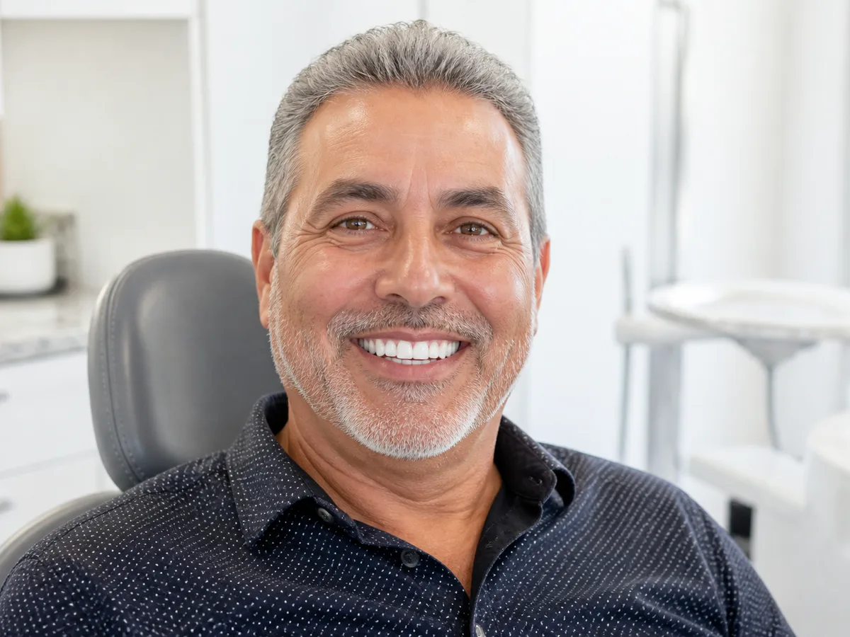 Patient smiling with a full-arch implant-supported provisional bridge after surgery day