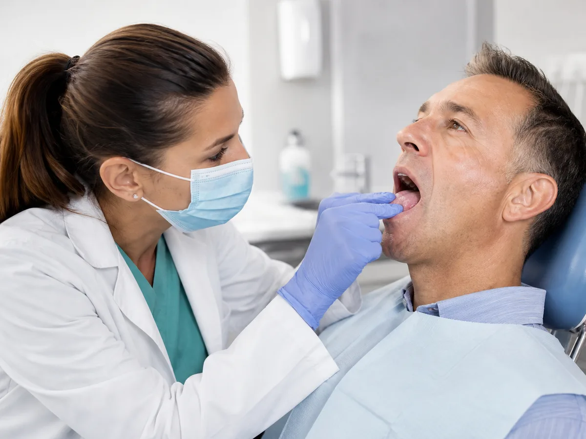 Clinician gently palpating the neck during an oral cancer screening exam