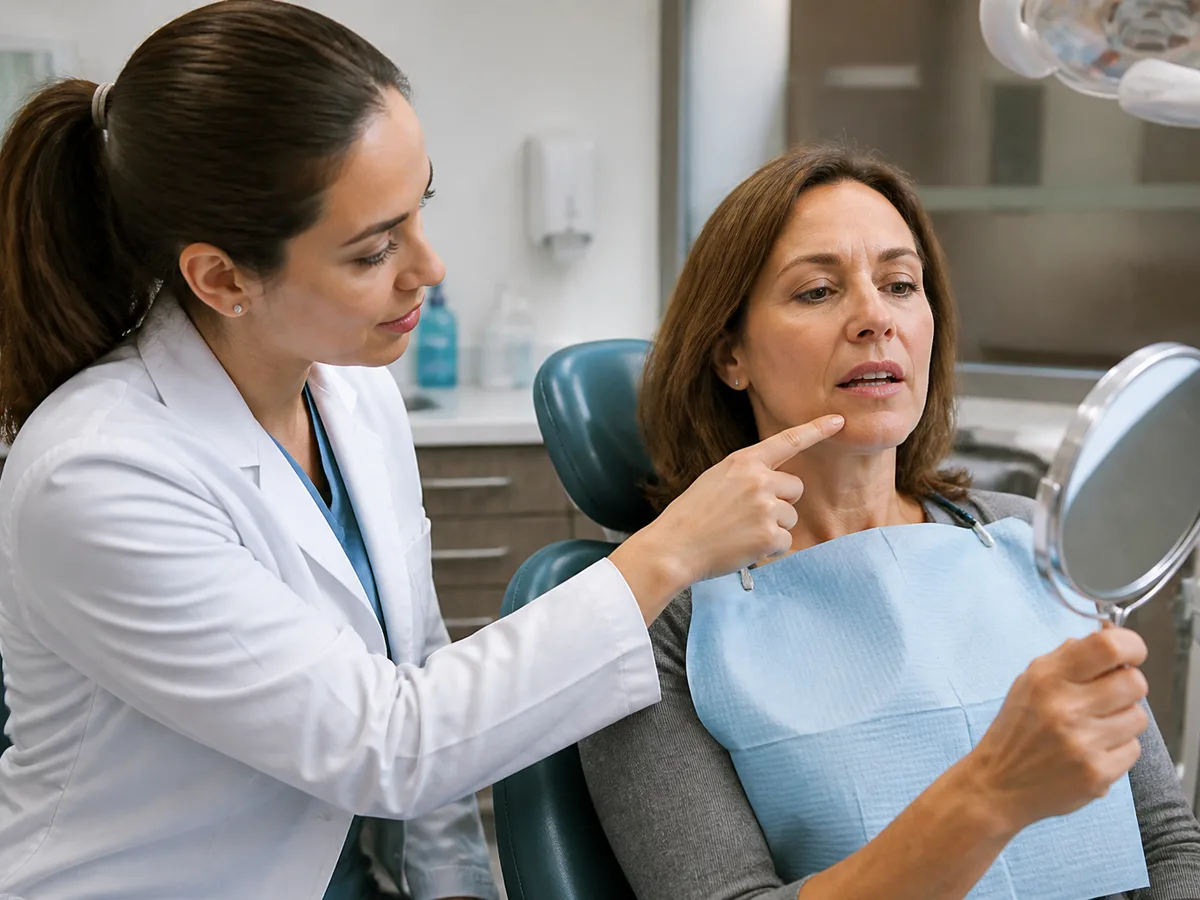 Patient pointing to a persistent mouth sore while scheduling a dental evaluation