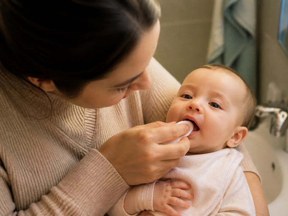 Dentist showing a parent white spot lesions on a toddler tooth model