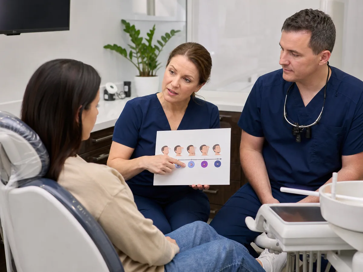 Dental assistant monitoring pulse oximetry while a patient rests under conscious sedation
