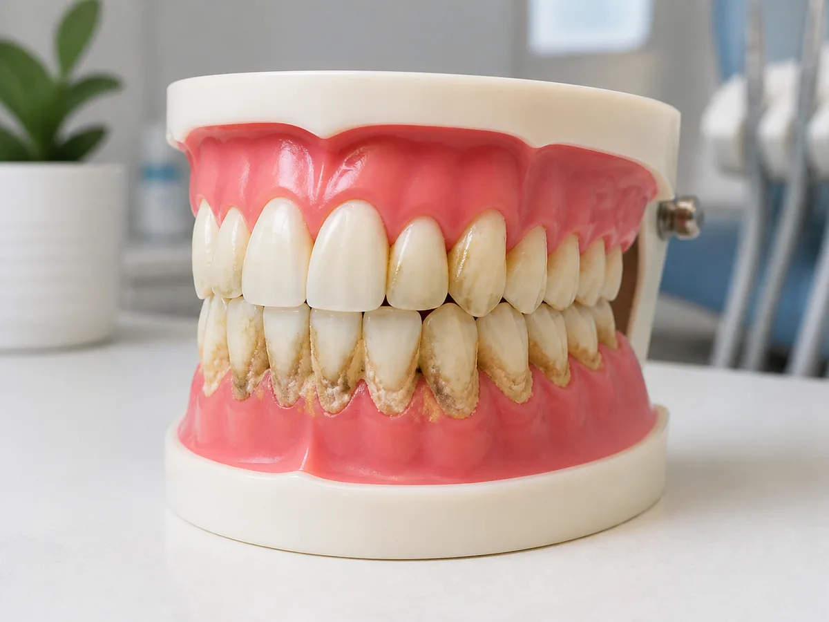Hygienist using a scaler to remove hardened calculus from lower anterior teeth