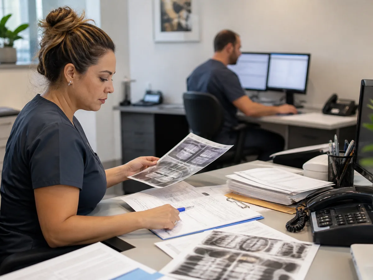 Billing coordinator submitting dental preauthorization documents with radiographs