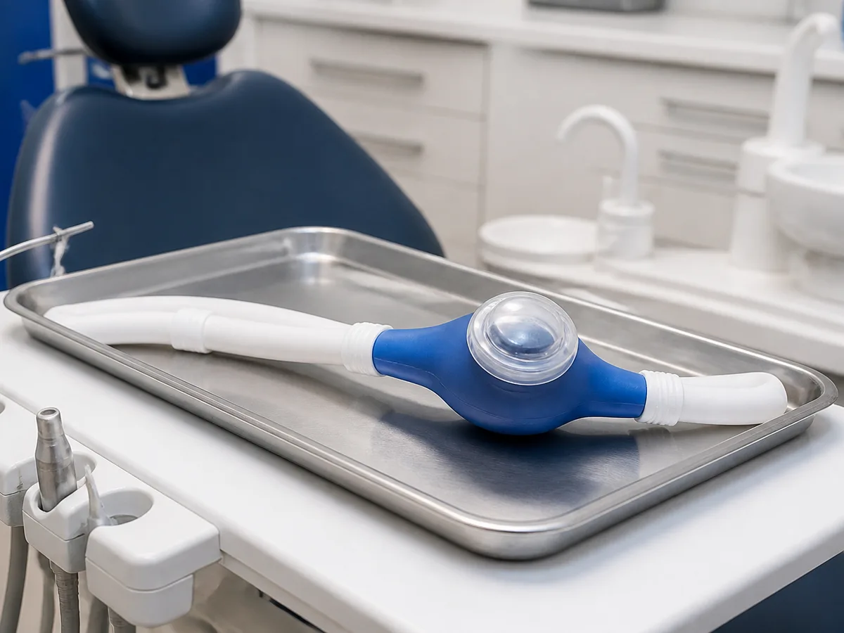 Close-up of a patient wearing a nitrous oxide nasal hood during a dental appointment