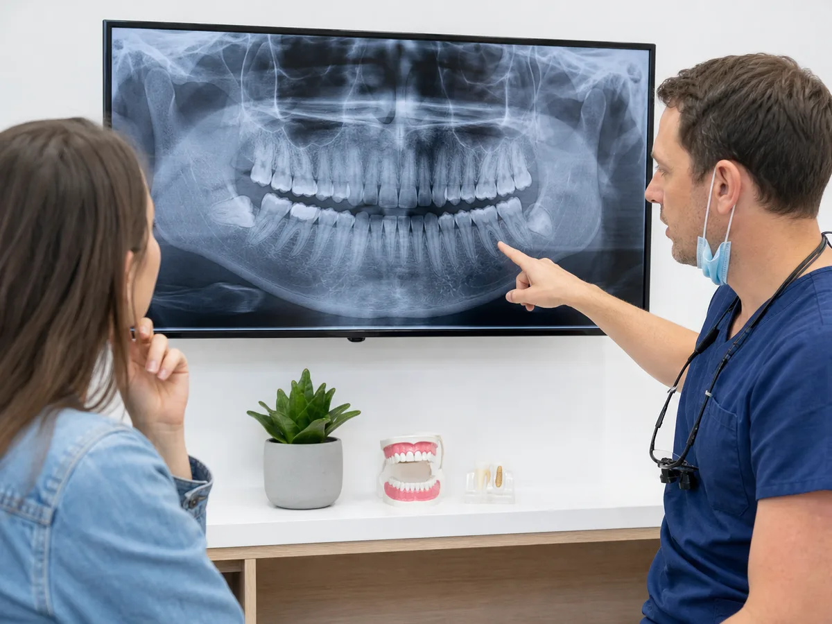 Patient reviewing oral surgery options and referral notes with a general dentist