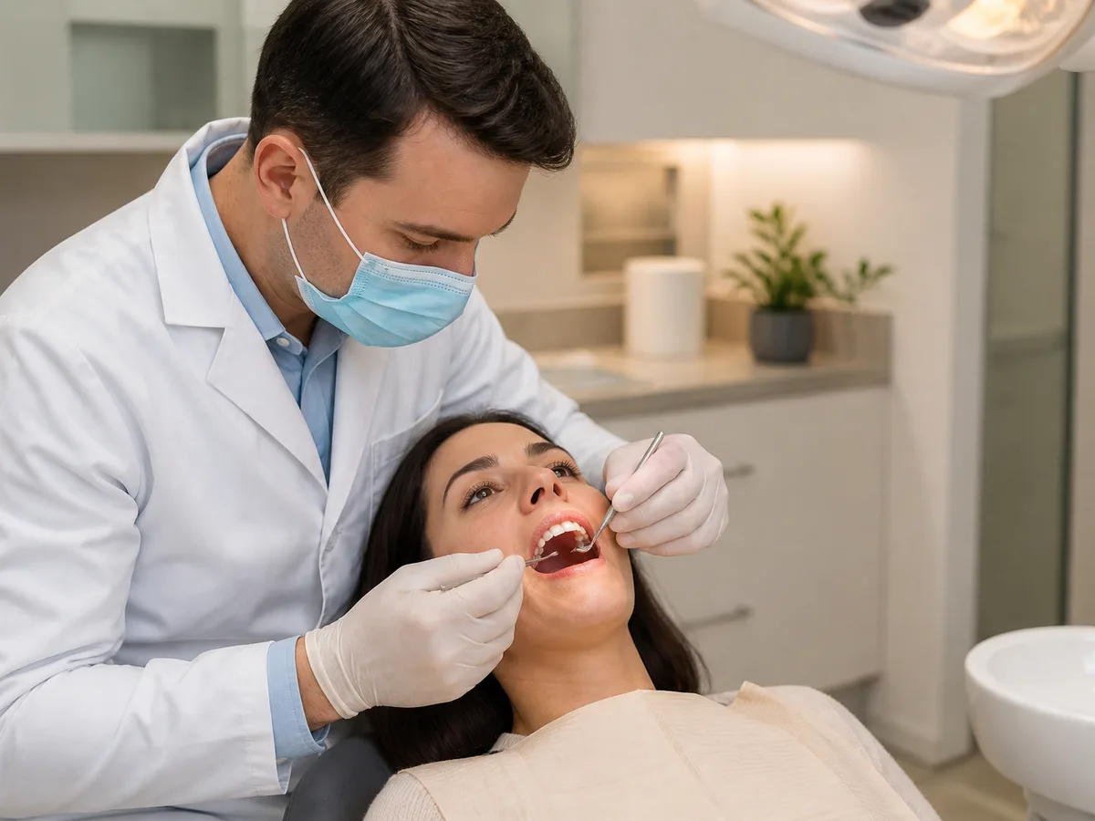 Dentist checking the inside of a fallen crown for decay and fit