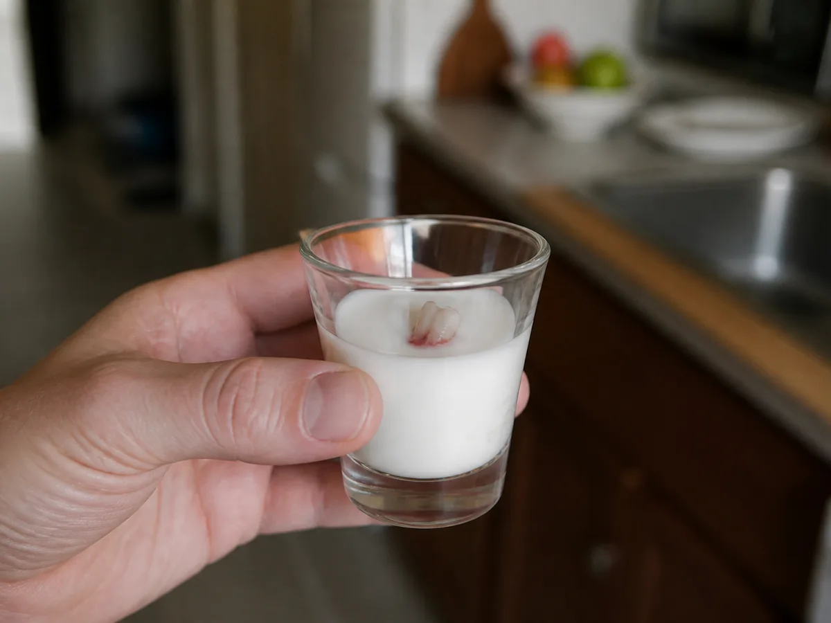 Permanent tooth held by the crown beside a small cup of milk