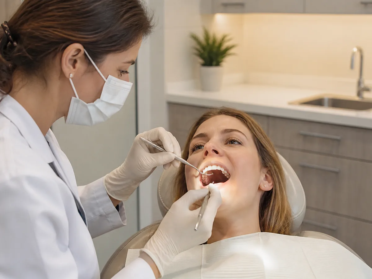 Dentist checking a tooth after a lost filling with mirror and X-ray