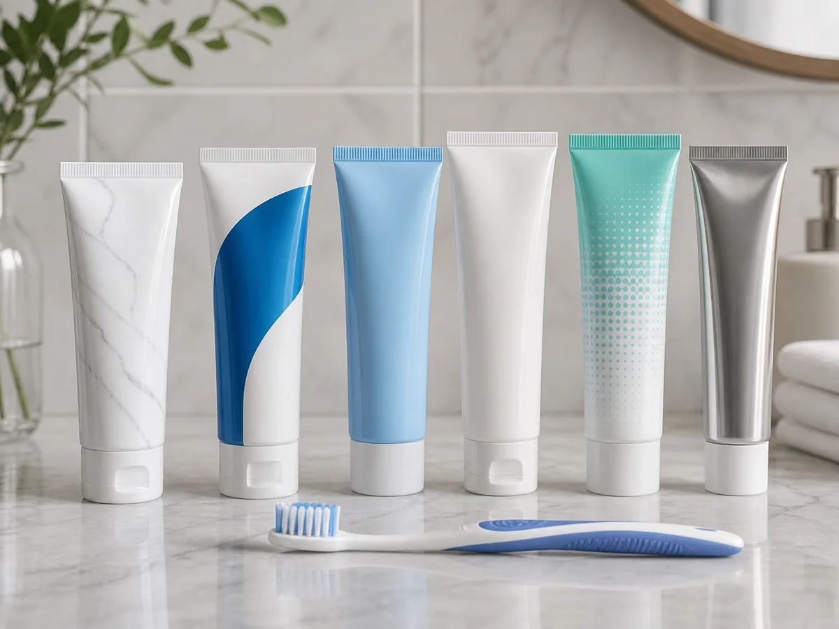Pea-sized ribbon of fluoride toothpaste on soft toothbrush bristles