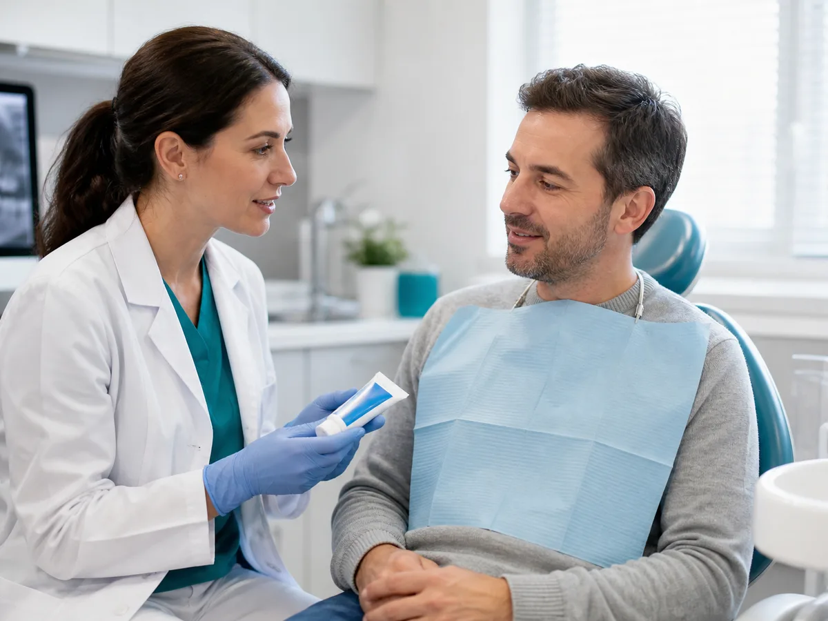 Dentist reviewing toothpaste ingredients with a patient during a checkup