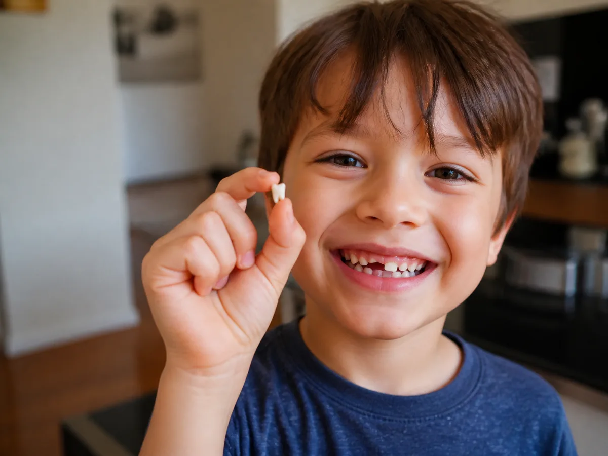 Pediatric dentist comparing a child's loose tooth with an eruption chart