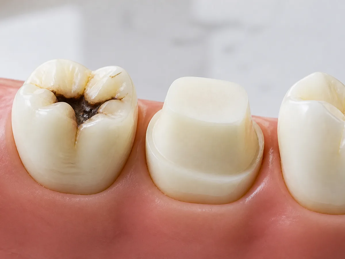 Dentist showing a cracked molar and full coverage crown on a model