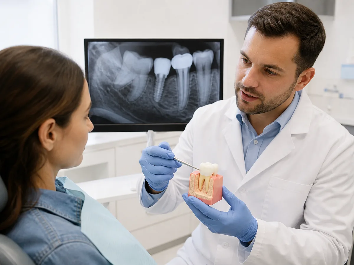Patient reviewing an intraoral photo of a cracked tooth with a dentist